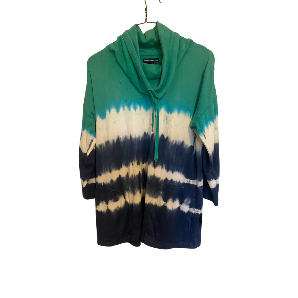 American Living Shirt Womens Medium Teal Navy Tie Dye Cowl Neck Pocket Pull Over